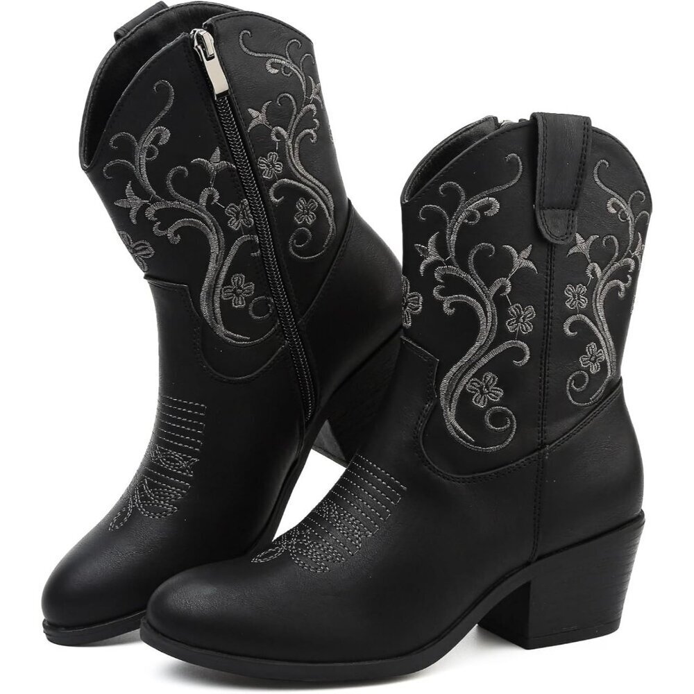 Woman's Black Rubber Cowgirl Floral Embroidery Stylish Classic Comfortable Boots